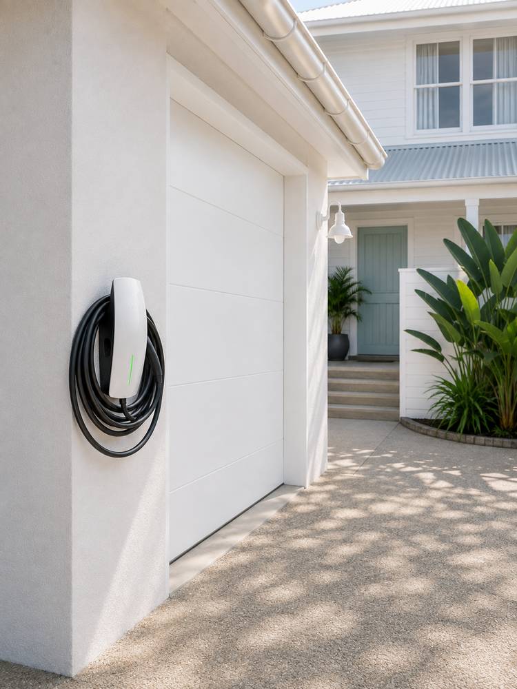 A wall-mounted EV charger beside a garage door